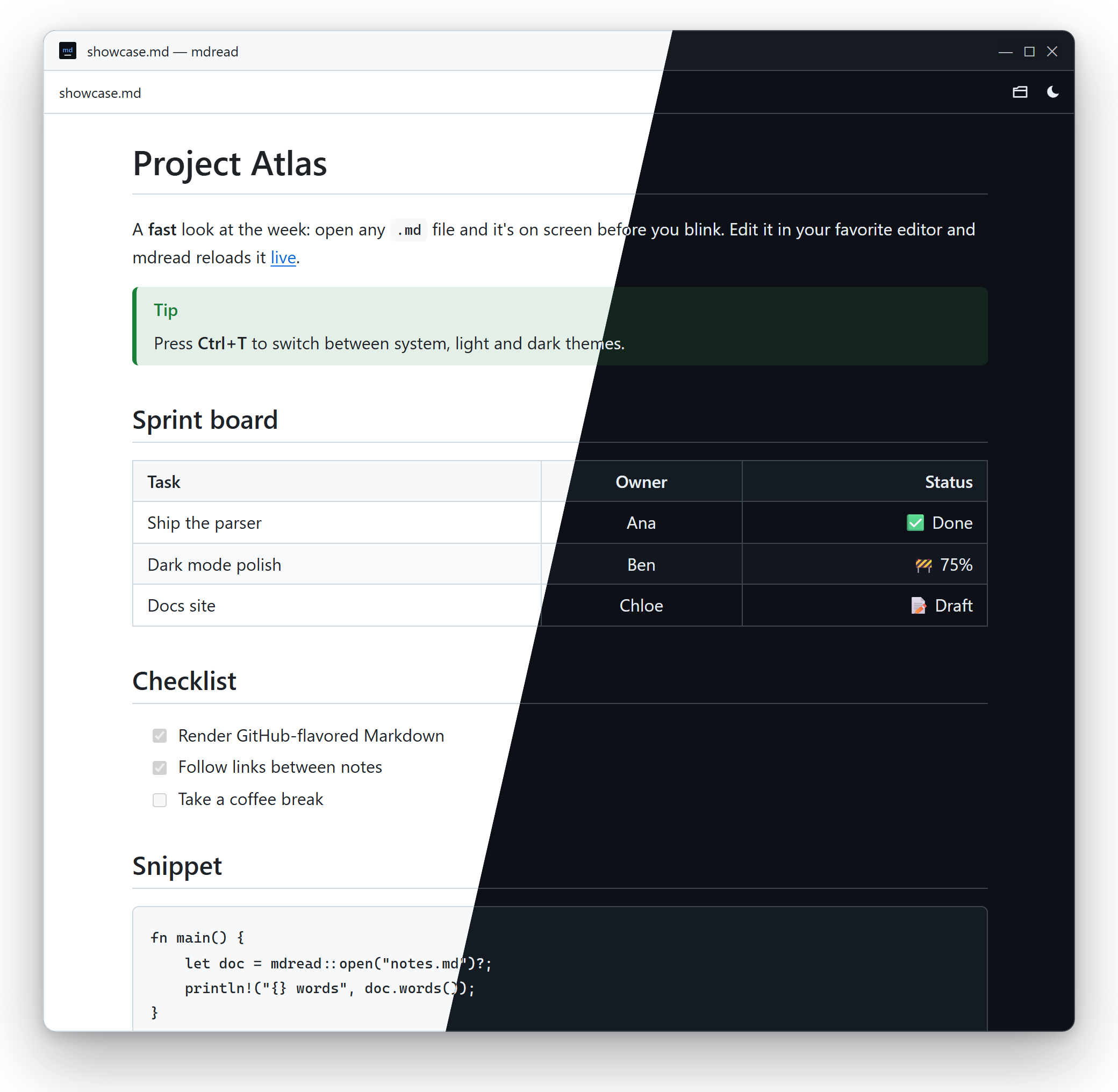 mdread window showing a Markdown document with a table, task list, alert and code block, split diagonally between the light and dark themes